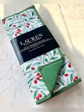 RALPH LAUREN KITCHEN DRYING MATS REVERSIBLE GREEN RED BERRIES SET NEW